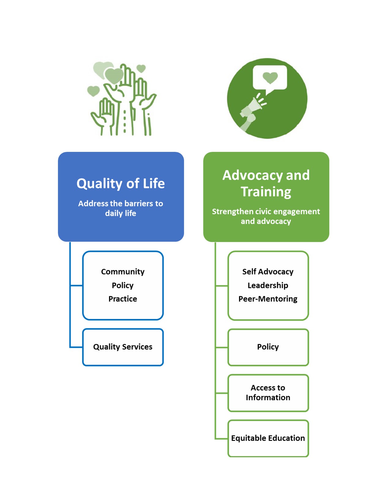 Quality of life barriers to daily life include community policy practice and quality services. Advocacy and traing strengthen civic engagement and advocacy include self advocacy leadership peer-mentoring, policy, access to infomation, and equitable education.