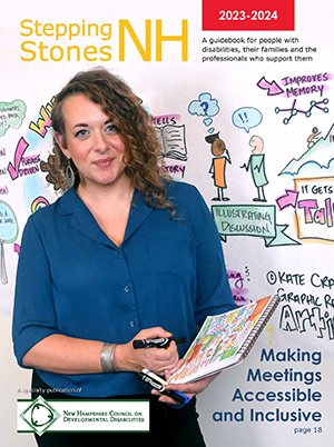 a woman smiles at the viewer while holding a marker and notebook in front of a colorful whiteboard